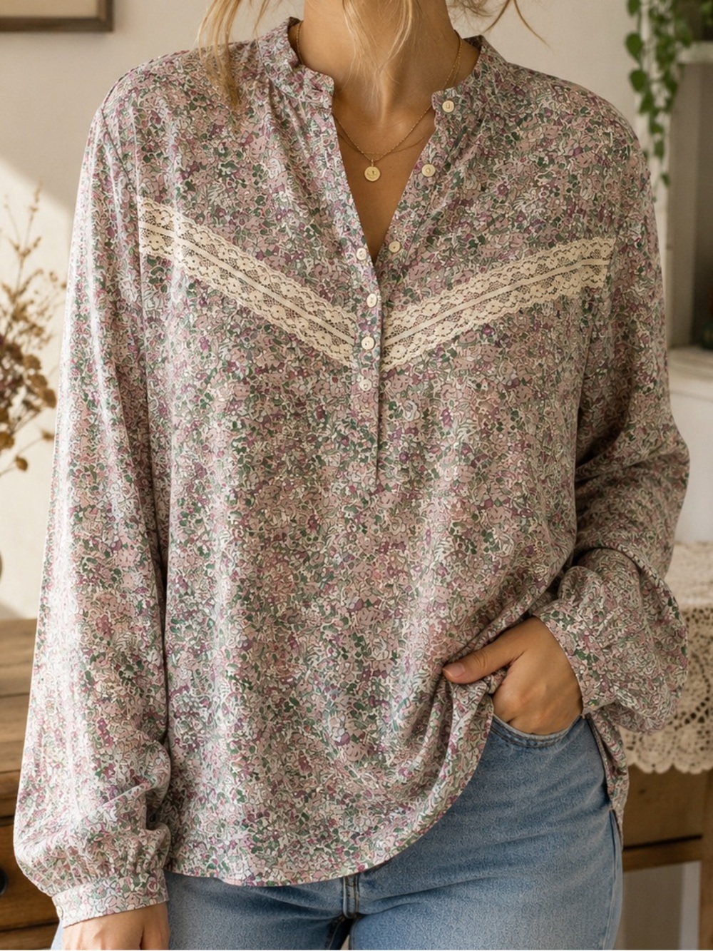 Action Country Trissi Floral Lace Blouse Womens Cottagecore Prairie Vintage